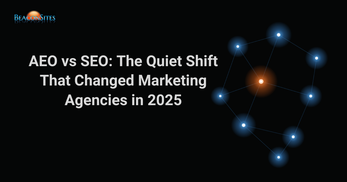 Split visual showing the shift from traditional SEO ranking to AEO citation in marketing agency work