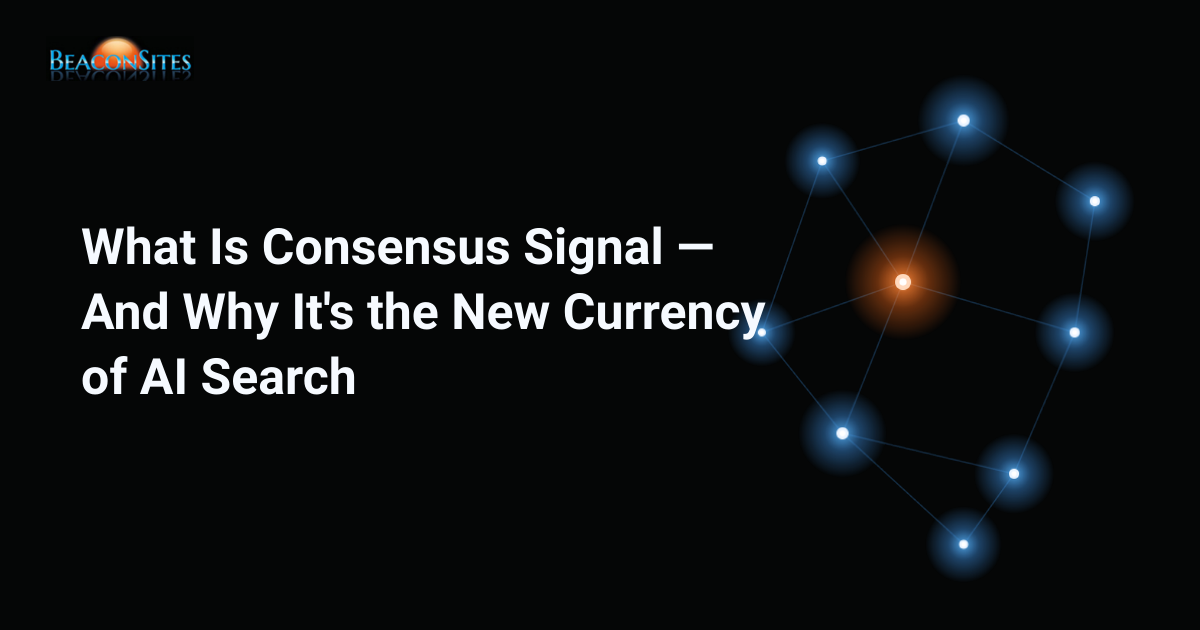 Network of glowing data nodes converging on a single highlighted point, illustrating consensus signal in AI search
