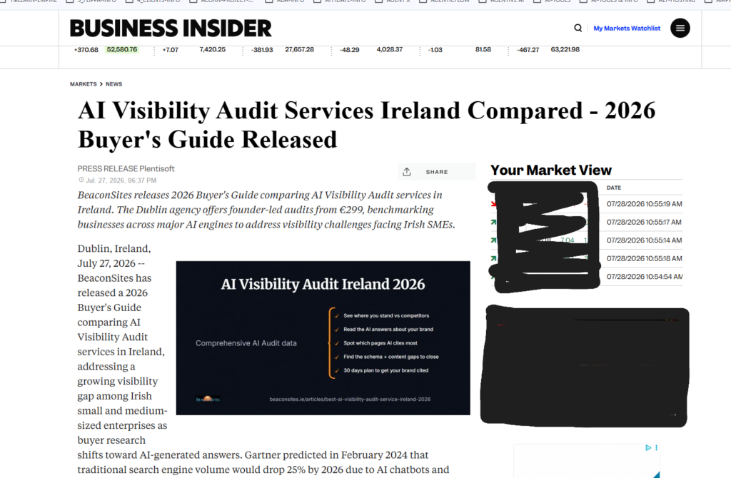 Business Insider article page showing the BeaconSites-syndicated derivative live at DA 92 with BeaconSites' branded featured image embedded and the €299 audit price in the subhead, published 27 July 2026 at 23:37 Irish time (06:37 PM US Eastern).